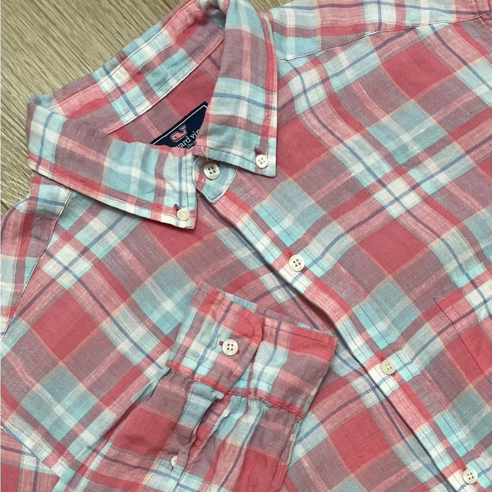 Vineyard Vines Linen Classic Fit Murray Shirt Men’s Large Pink Plaid Long Sleeve